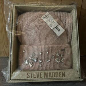 Steve Madden Blush Knit Beanie & Scarf with Gem Accents